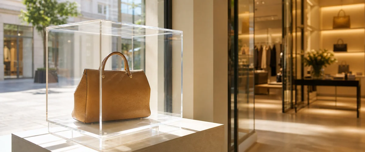 UV-protected acrylic display case in a sun-exposed retail window holding a branded product, raking sunlight showing edge clarity and no yellowing