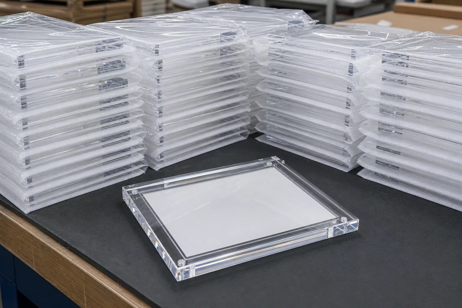 Stacks of clear acrylic picture frames in export packaging on a factory workbench, polished PMMA edges catching directional light