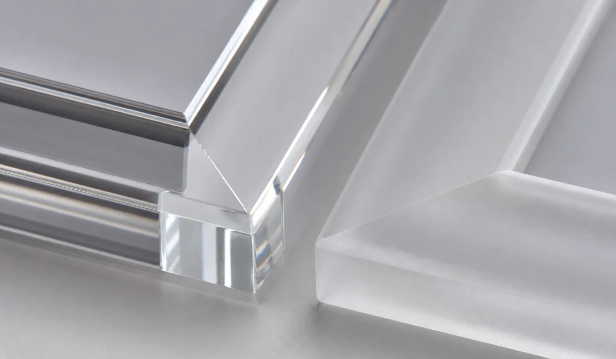 Close-up of a diamond-polished clear acrylic picture frame edge beside a frosted acrylic variant, PMMA frame material comparison macro