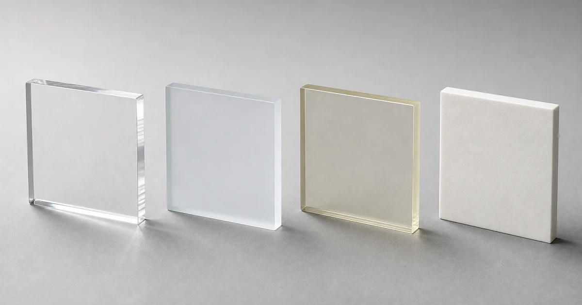 Four sample panels (cast PMMA, extruded PMMA, PETG, polycarbonate) edge-lit on a black studio surface showing edge clarity differences