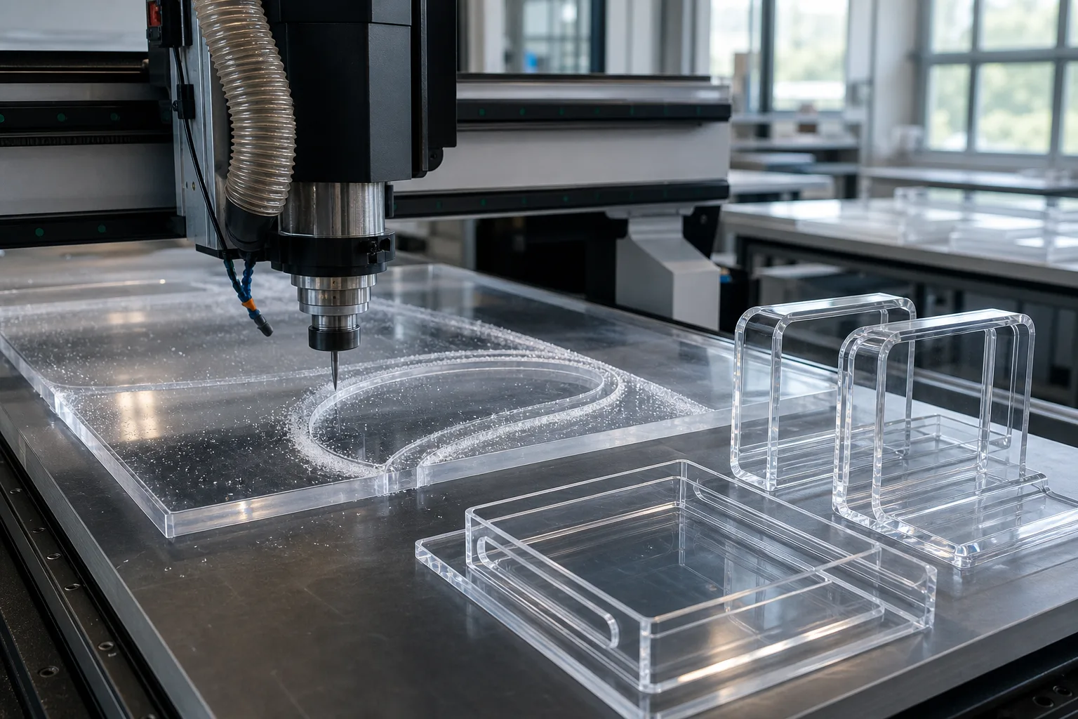 CNC router cutting a custom shape from a clear cast acrylic sheet, with finished polished plexiglass display parts beside the machine bed and no injection mold in sight