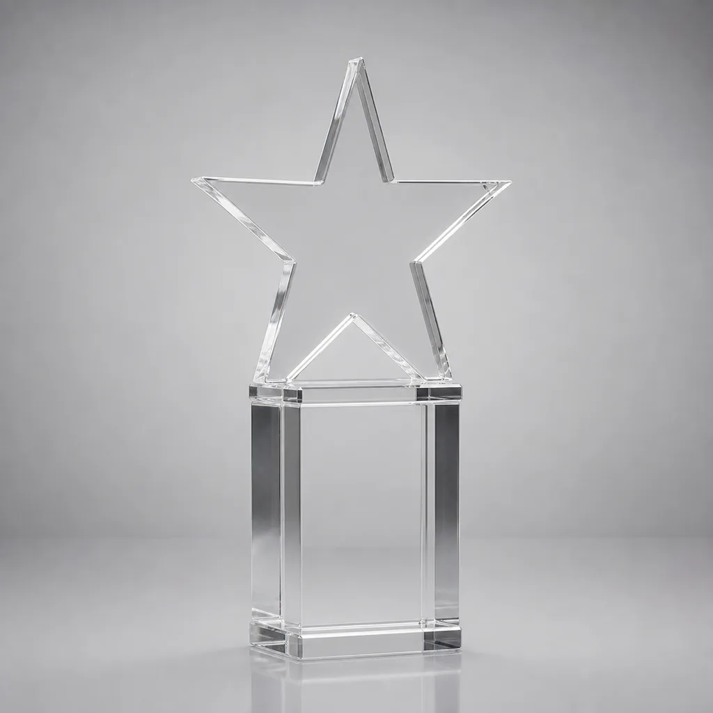 Acrylic column trophy with a glossy black pillar and a faceted clear shield top piece