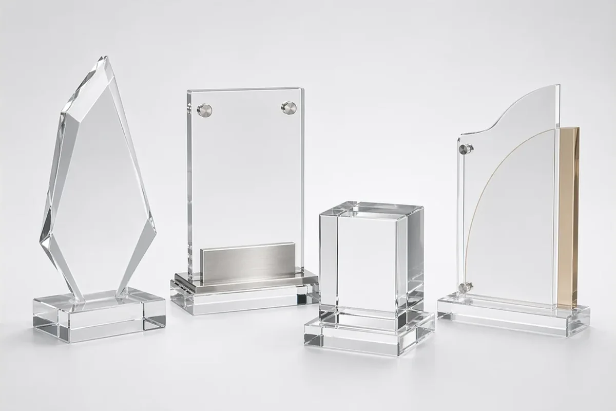 Collection of custom acrylic awards — plaques, trophies, custom-shaped awards, and award frames