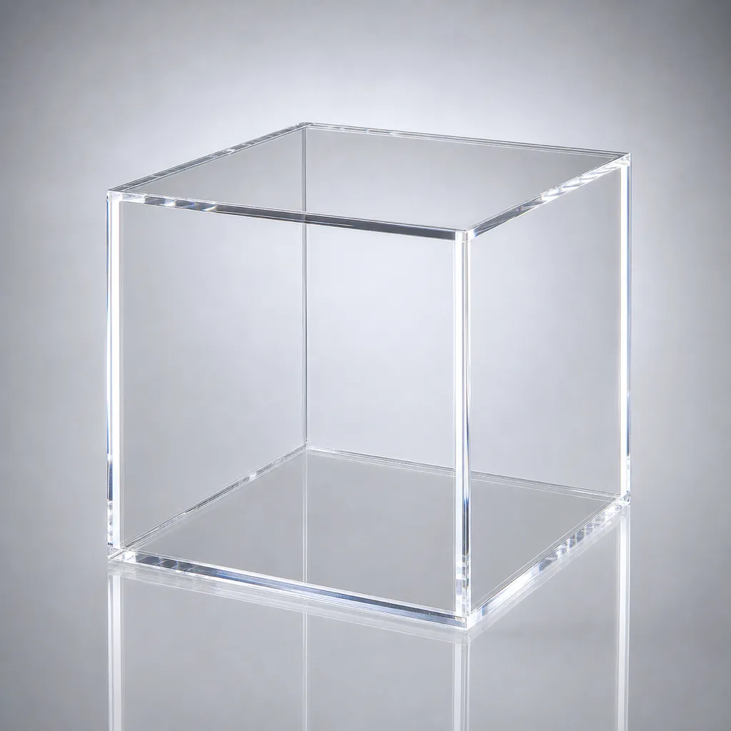 Hollow clear acrylic display cube bonded from sheet, used as a lightweight large-format display volume