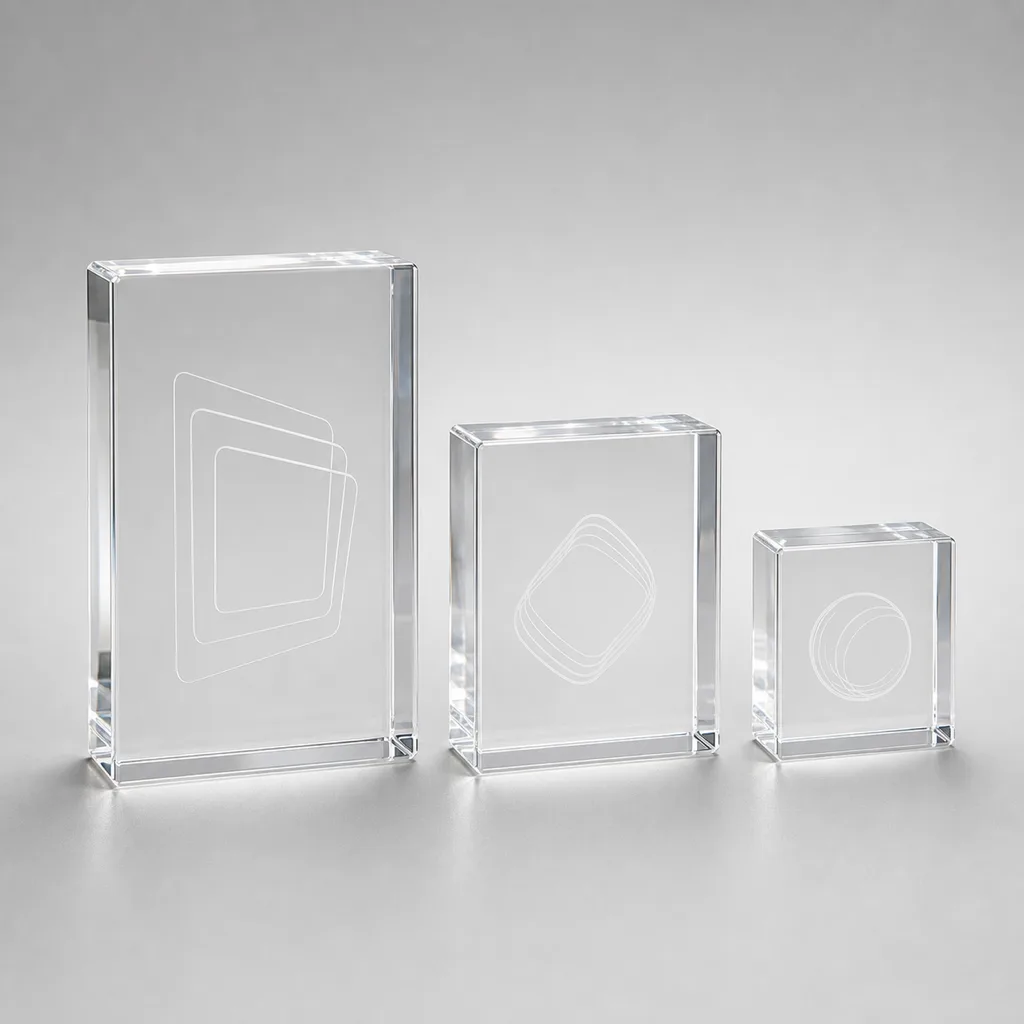 Solid clear acrylic paperweights with a subsurface 3D laser-engraved logo, gift-boxed