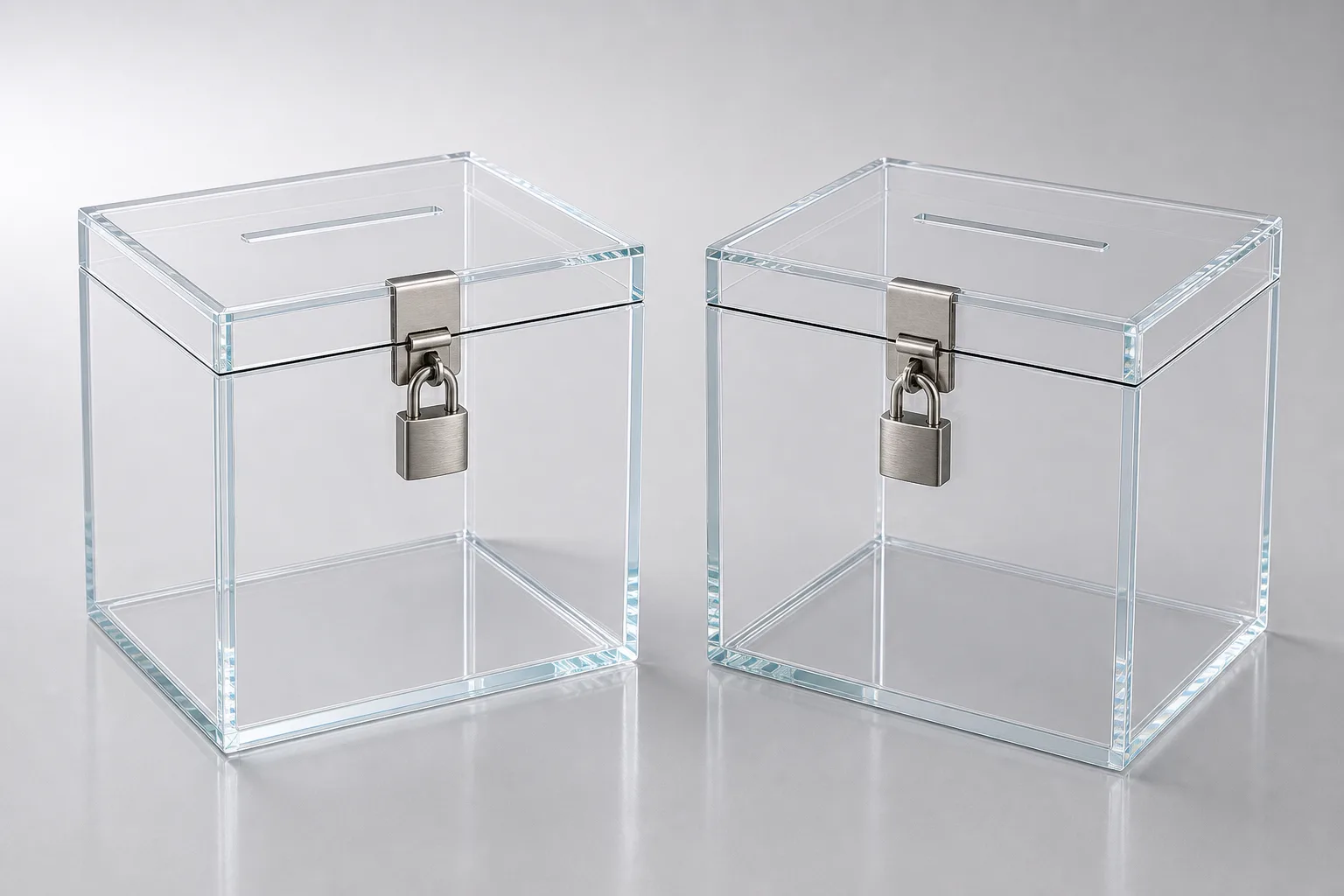 Custom acrylic ballot box with a keyed lock beside a clear acrylic donation box with a cash slot