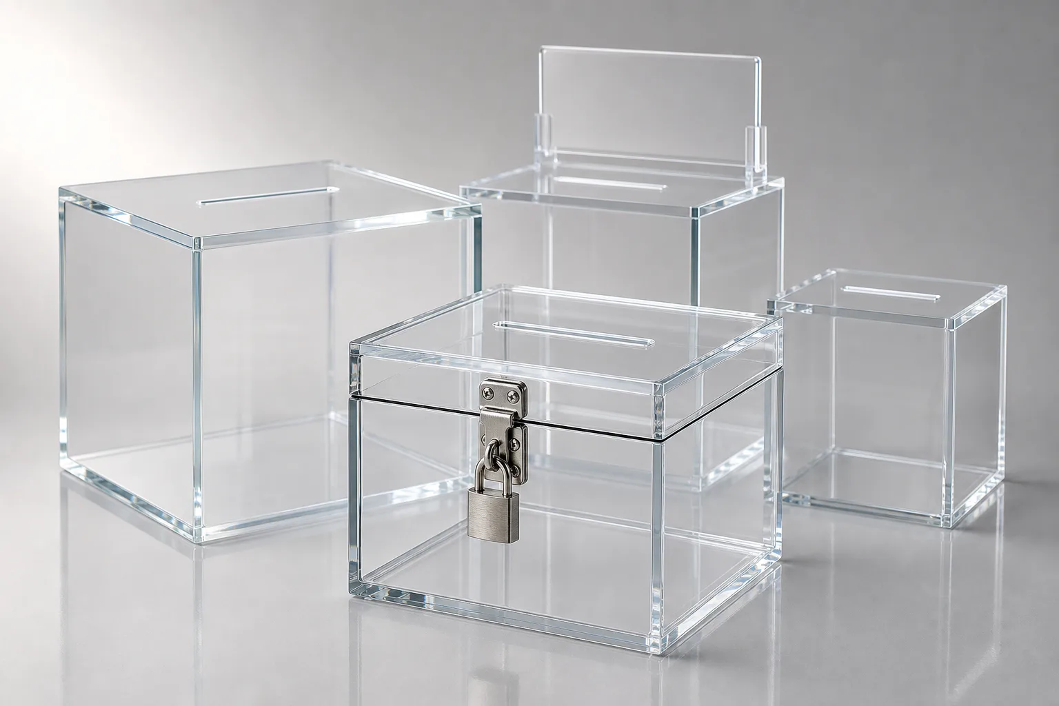 Custom acrylic collection box styles on a clean light-gray background: a locking clear ballot box, a clear donation box, and a wall-mount suggestion box