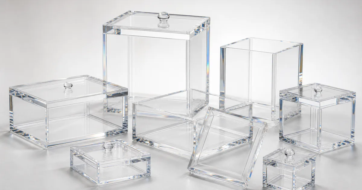 Custom clear acrylic boxes on a clean light-gray background: a lidded clear cube, a clear storage container, and a set of mini clear boxes with optical-clear walls