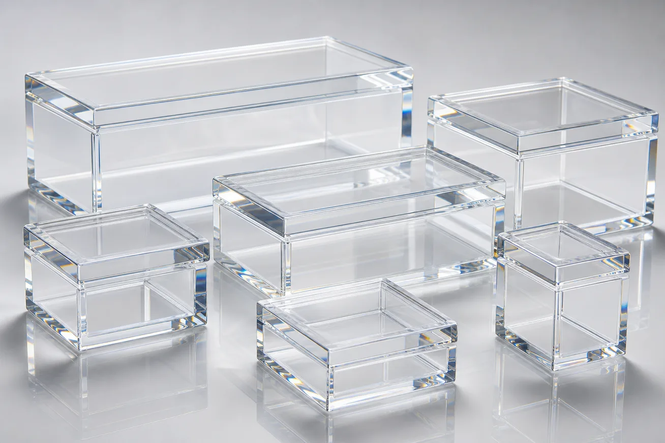 Clear acrylic boxes for storage, containers, and gift packaging