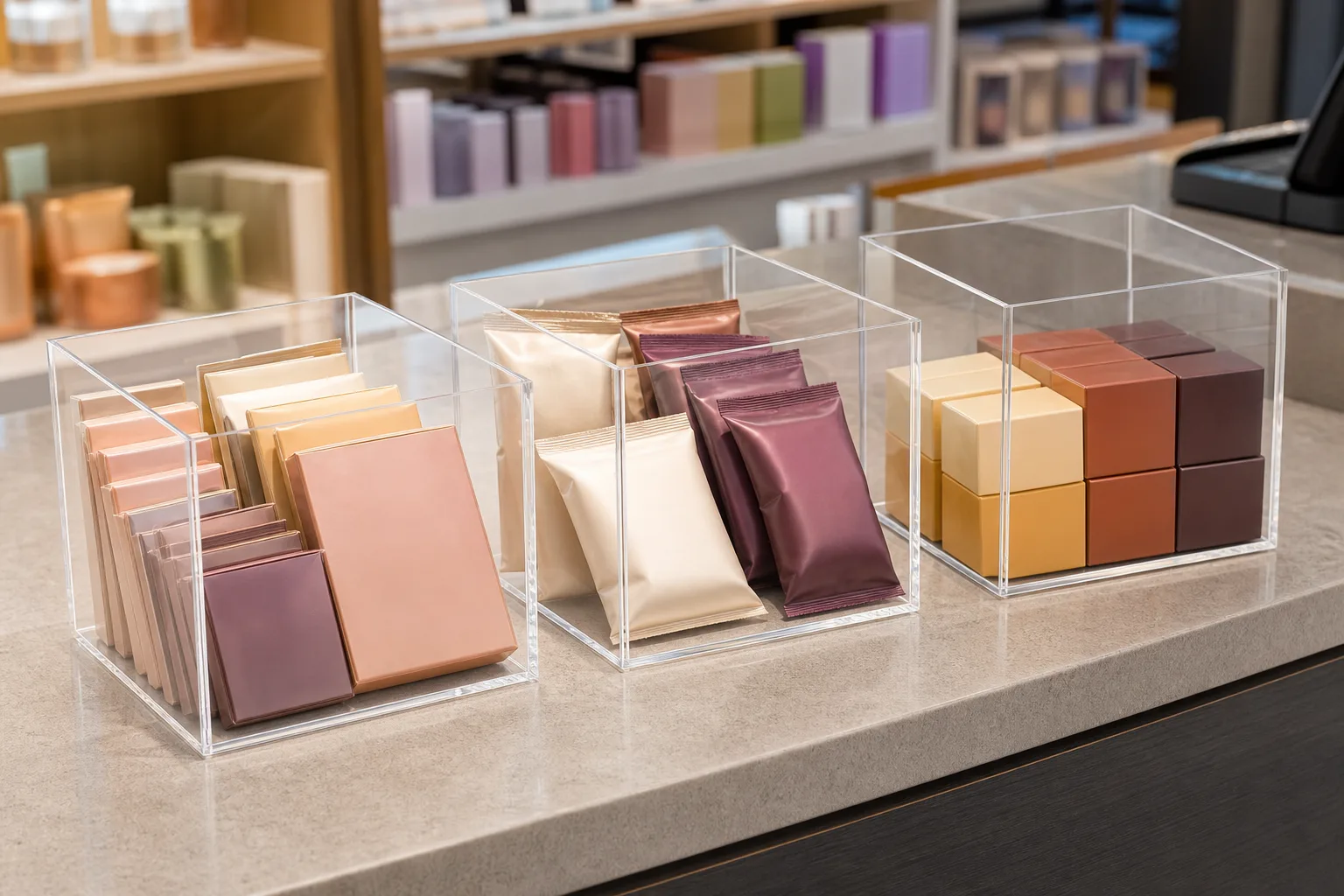 Open five-panel plastic display boxes in clear cast acrylic on a retail counter — bottom and four walls bonded, top open for shopper access