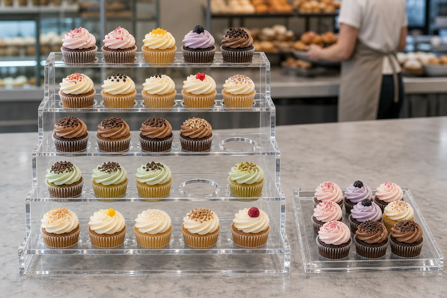 Five-step clear acrylic cupcake display riser with routed cupcake seats holding frosted cupcakes on a bakery chain retail counter