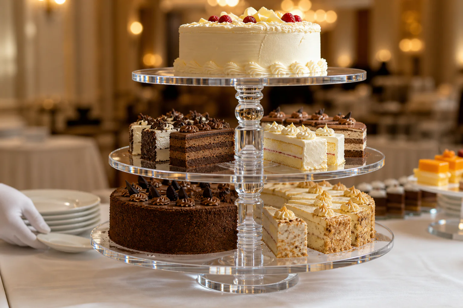 Three-tier clear acrylic cake stand with a polished center column holding whole frosted layer cakes on a hotel banquet dessert table