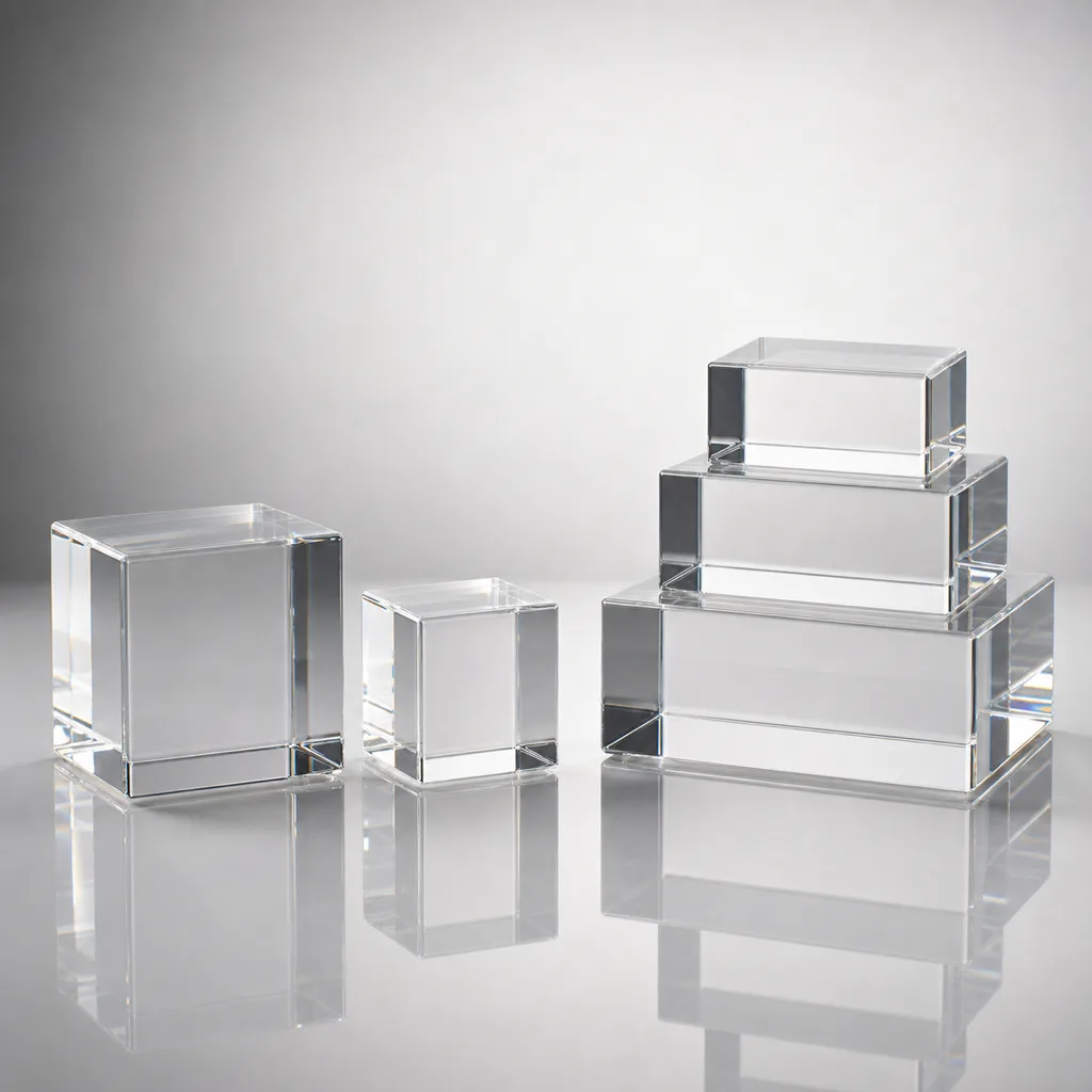 Solid clear acrylic display block, hollow bonded cube, and a graduated tiered pedestal set arranged for comparison