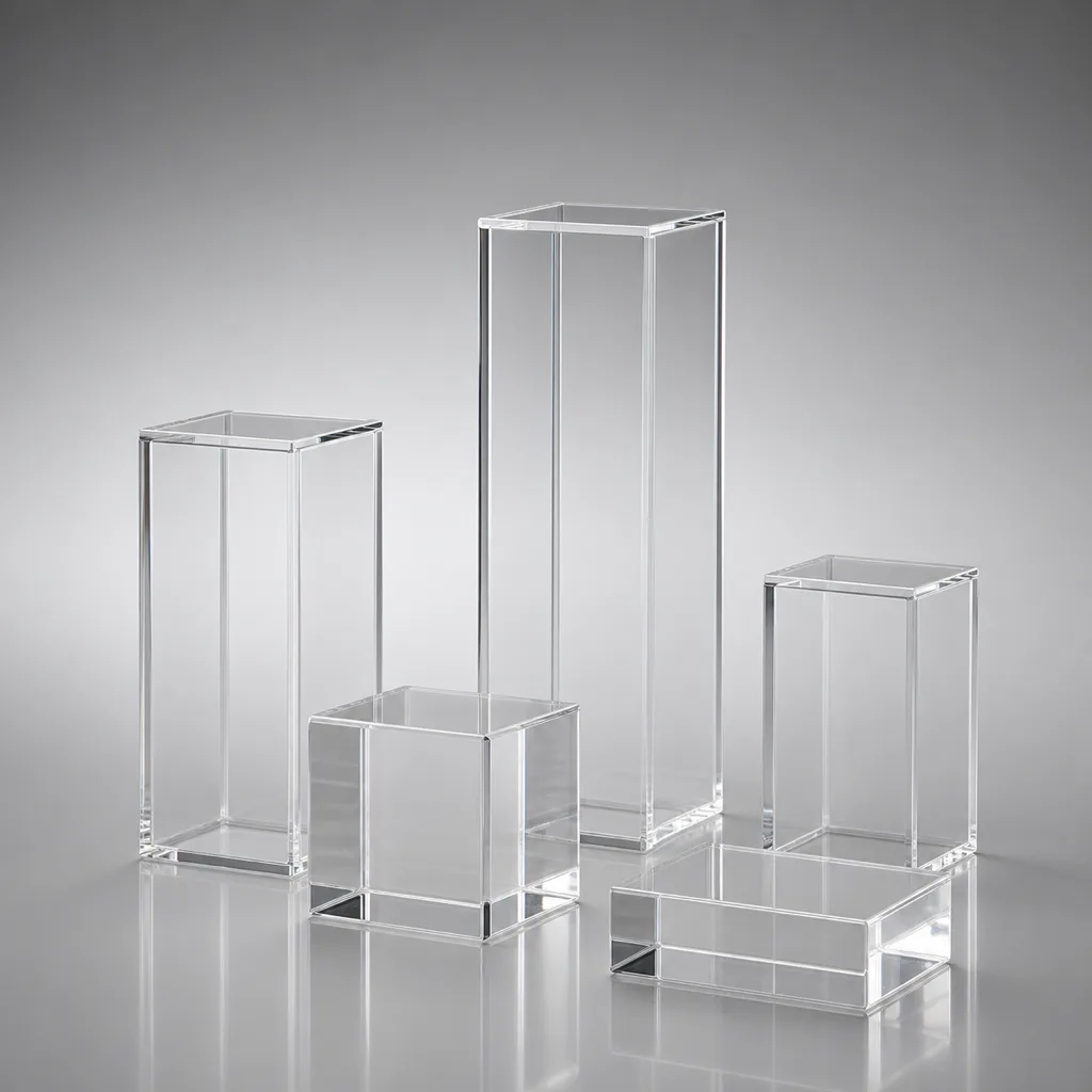 Collection of custom acrylic display pedestals and cubes in clear, frosted, and mirrored acrylic for retail and gallery display