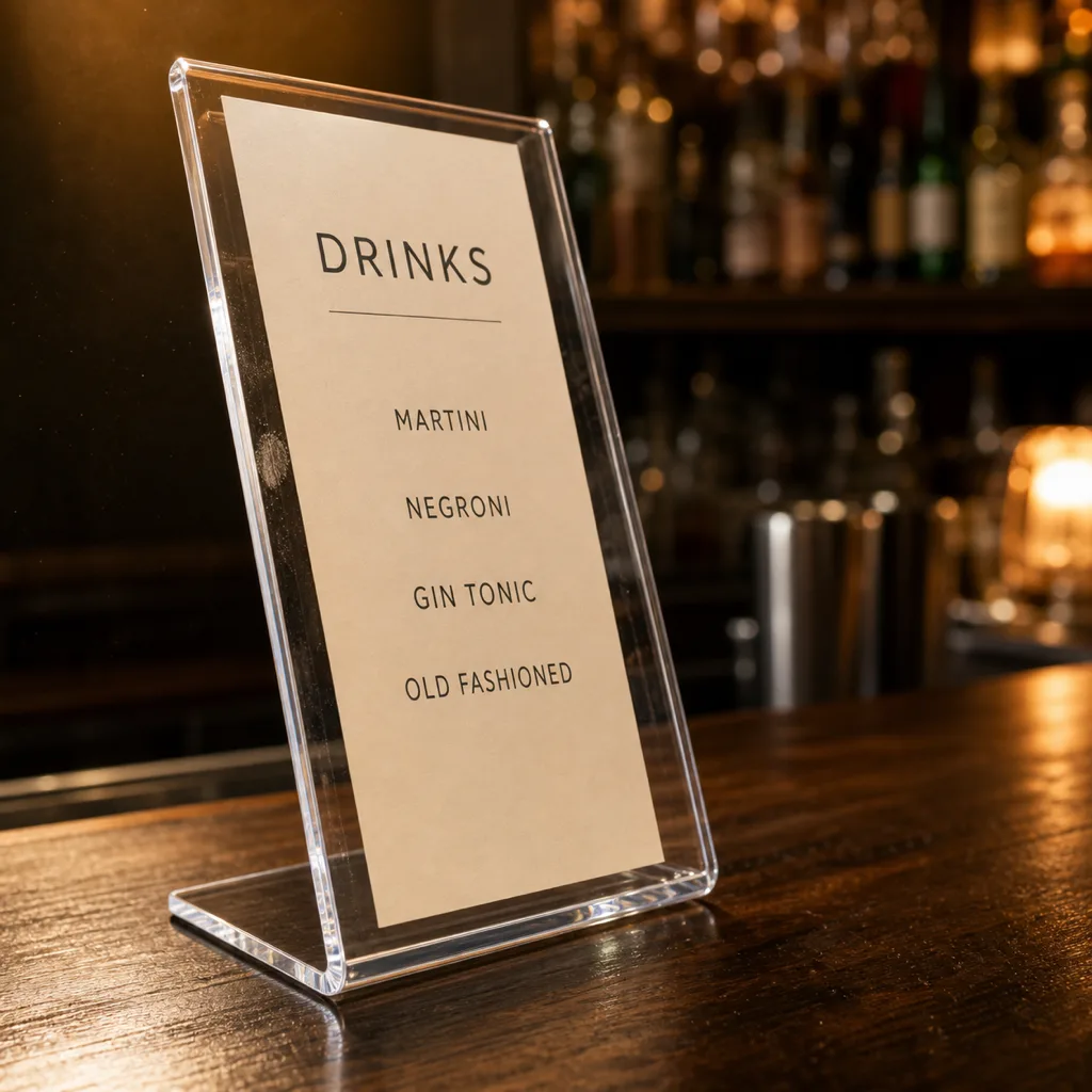 Clear acrylic slant-back menu holder with a printed drinks card on a dark bar counter