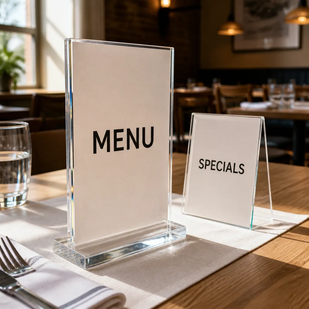 T-style acrylic table menu holder with a weighted base and a tent-style A-frame holder on a laid restaurant table