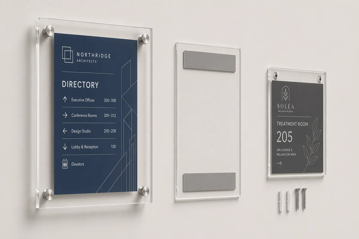 Collection of custom acrylic wall sign holders showing a standoff sandwich-frame directory sign, a rear-view adhesive-mount holder with visible 3M tape backing, and a screw-and-keyhole holder with included mounting screws and anchors