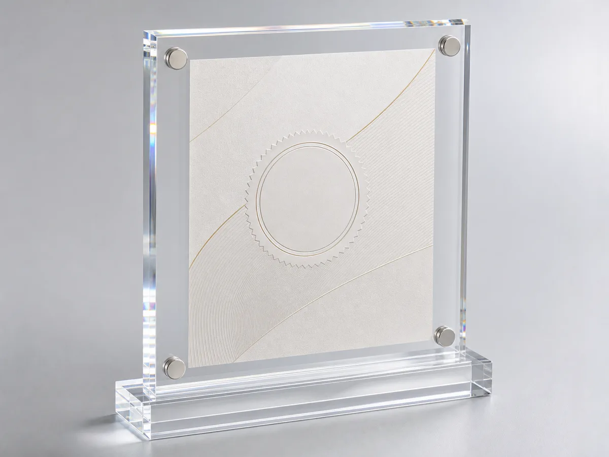 Magnetic acrylic certificate frame with visible corner magnets holding an award certificate, standing on a desk base