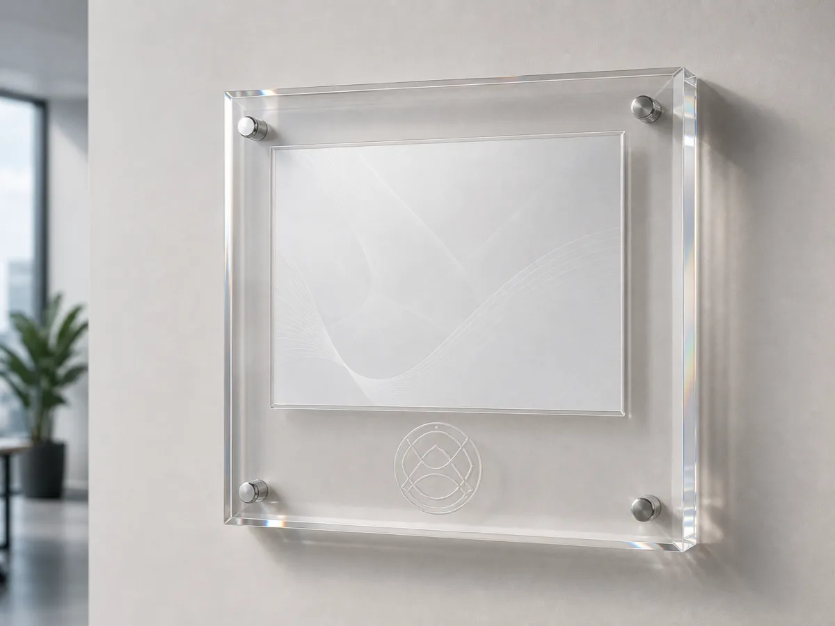 Standoff pin acrylic certificate frame mounted off an office wall with brushed stainless pins, holding a diploma with an engraved seal below the document