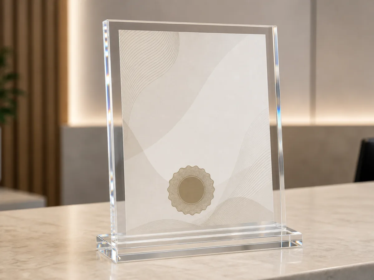 Desk-stand acrylic certificate frame with a clear slotted base holding an award certificate upright on a reception counter