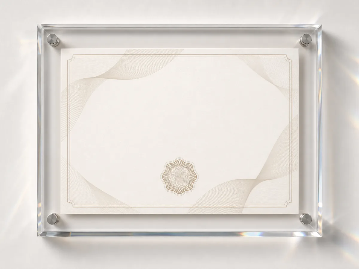 Wall-mounted acrylic certificate frame with low-profile corner screw posts sitting flat against a document wall, holding a certificate