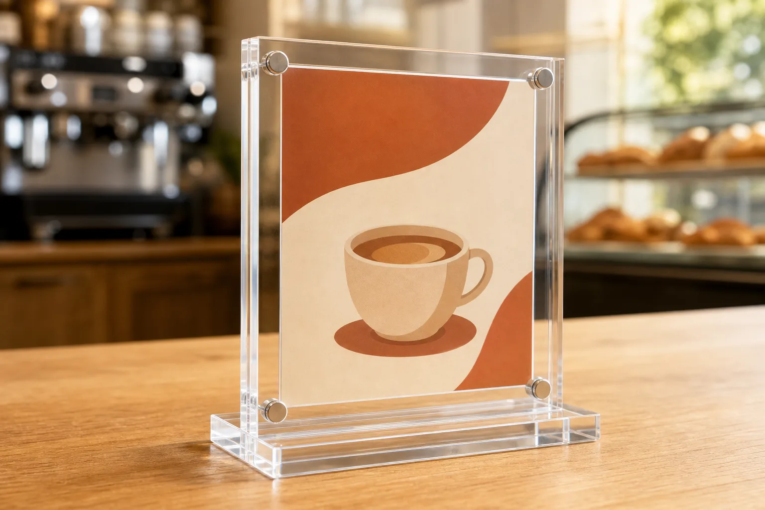 Tabletop double sided magnetic acrylic frame in a slotted base with a duplex-printed menu insert and visible corner magnets on a cafe counter