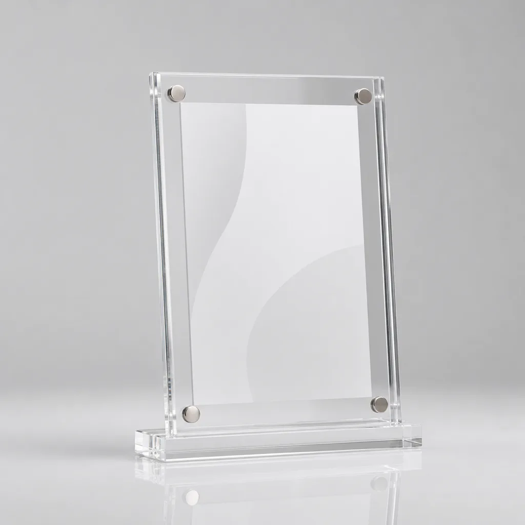 Tabletop acrylic magnetic frame in a clear slotted base holding a menu insert, with visible corner magnets