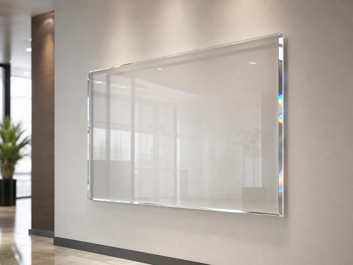 Large acrylic wall frame hung on a French cleat, sitting flush and level against a lobby wall