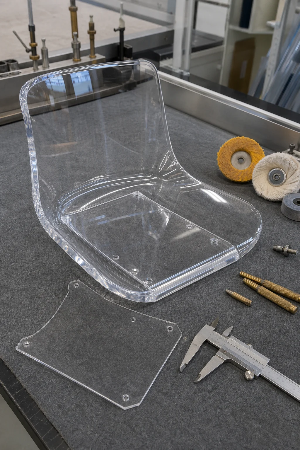 Wetop Acrylic workshop bench — molded cast PMMA chair seat-and-back shell mid-fabrication with the hidden reinforcing plate staged for bonding