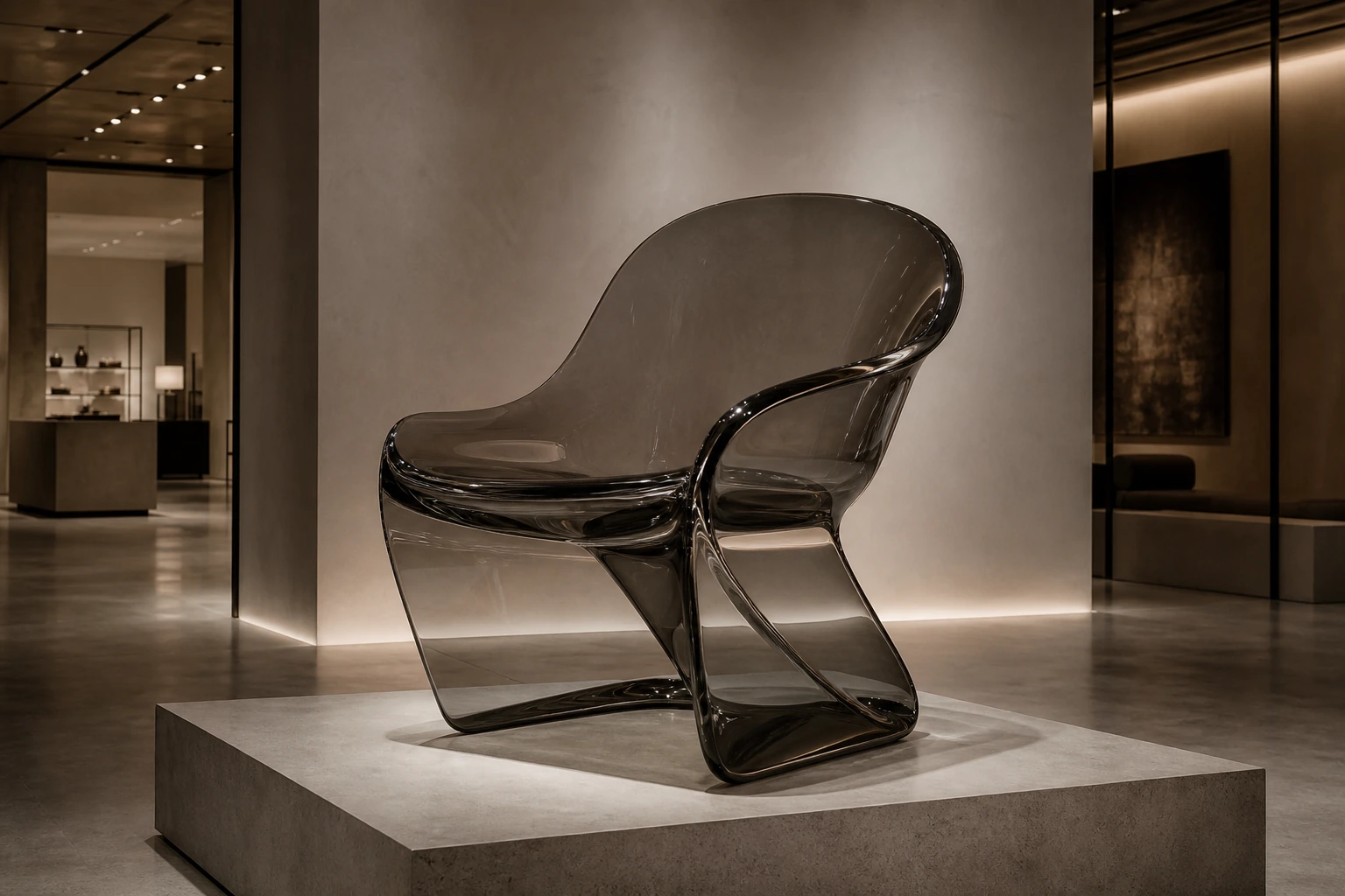 Sculptural clear cast acrylic accent chair with a one-off custom silhouette, photographed against a neutral backdrop