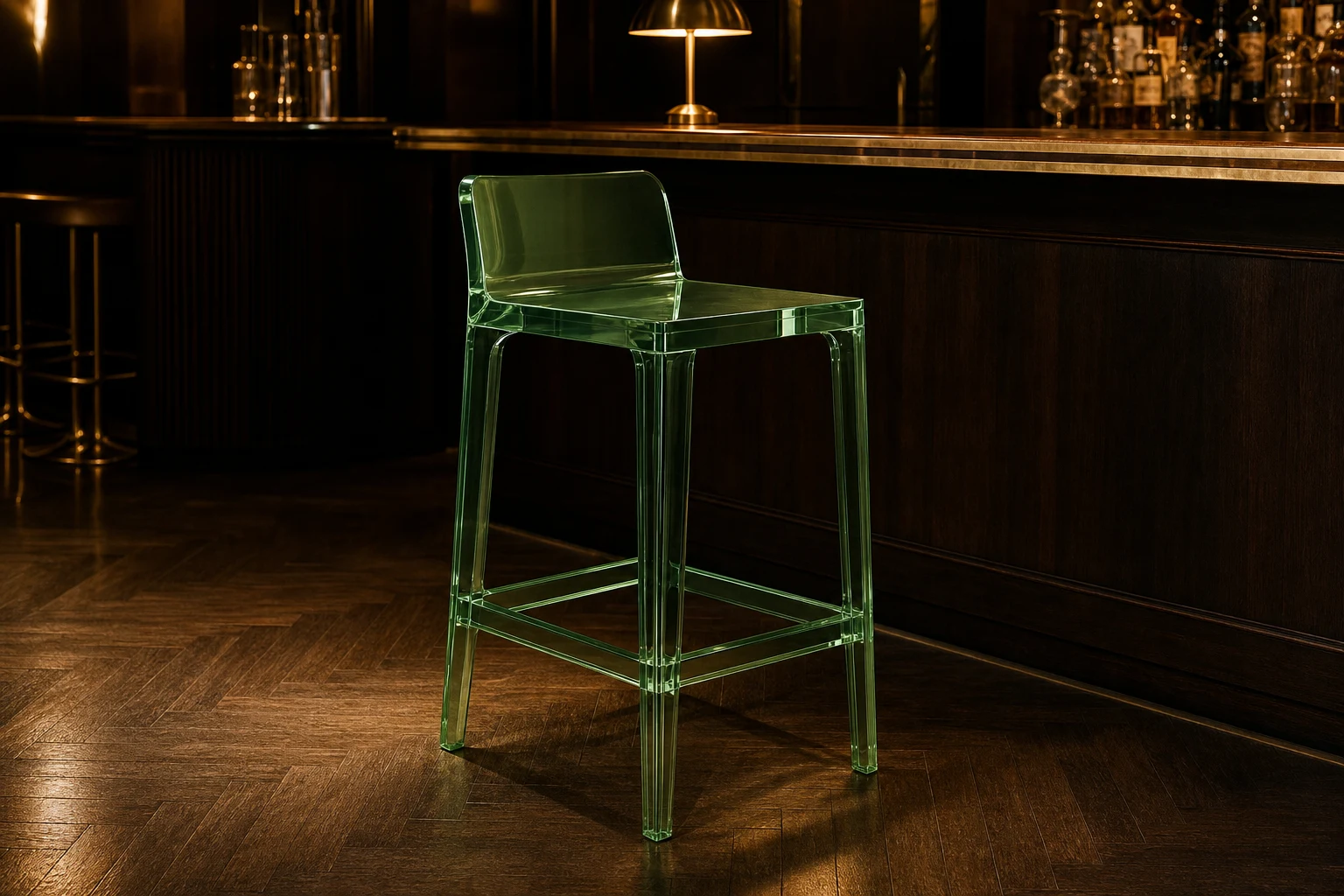 Clear cast acrylic bar-height stool with low back and footrest at a luxury hotel bar counter