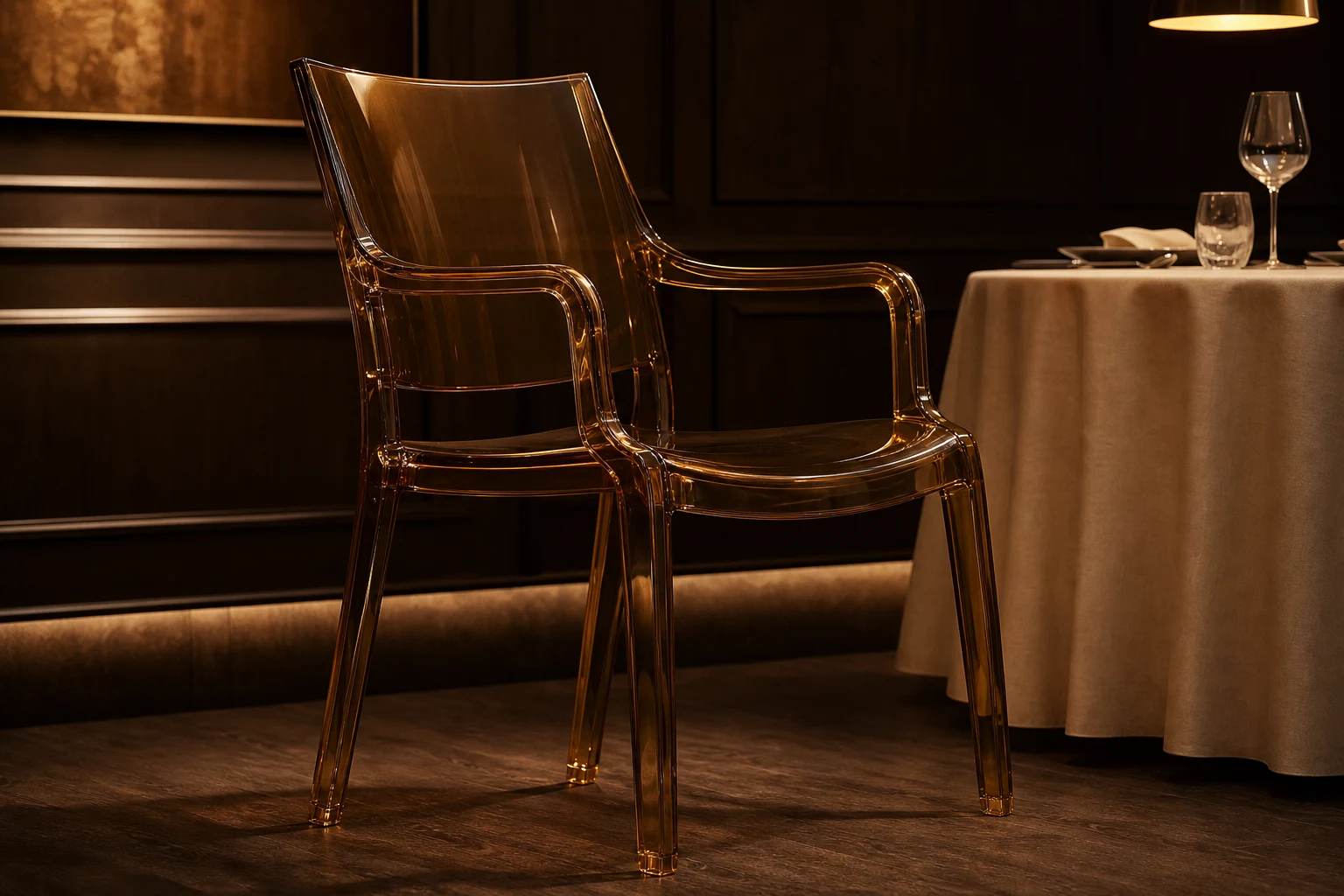 Clear cast acrylic dining chair with curved seat and back and an armrest, photographed at a private dining table