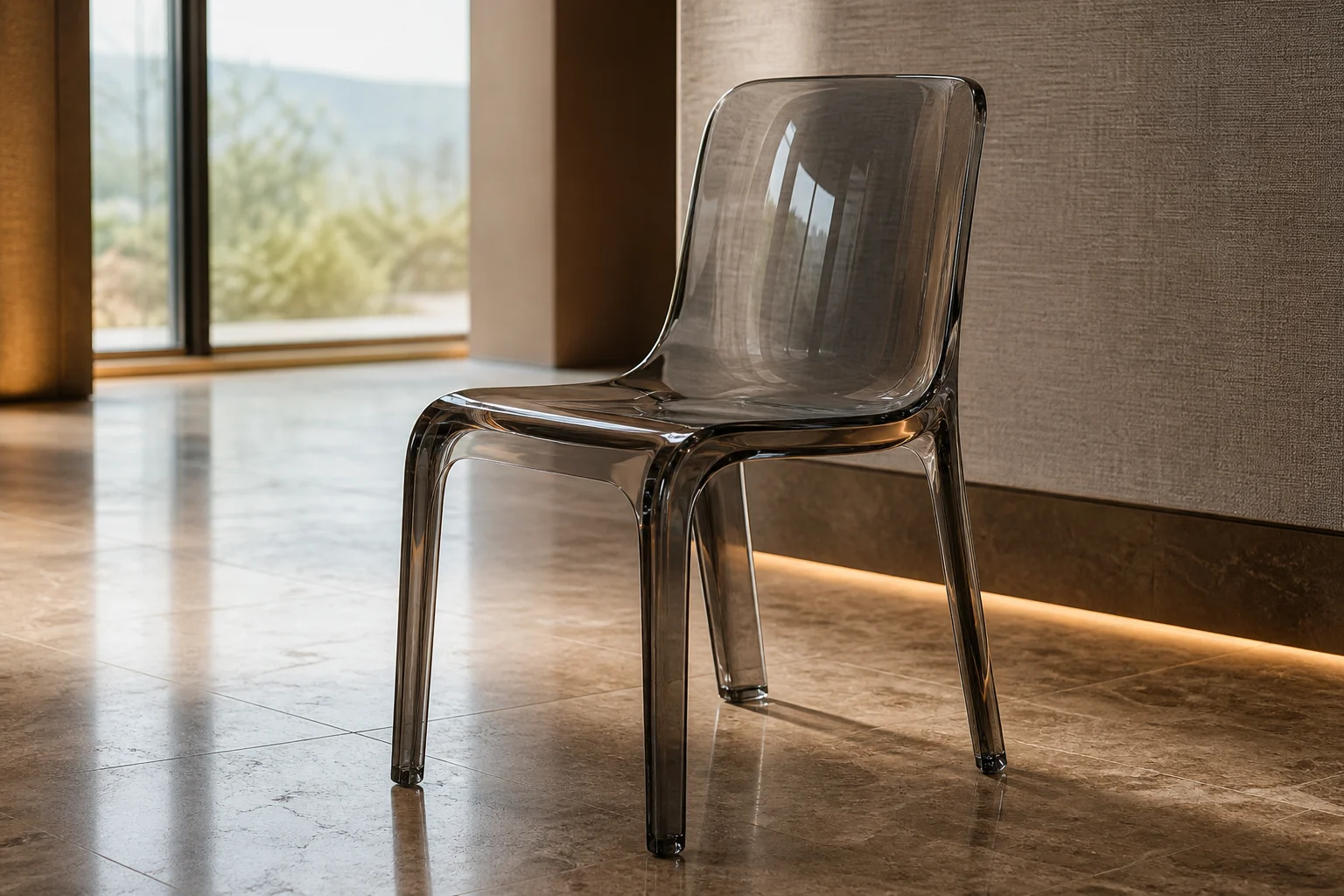 Single clear cast acrylic side chair with a curved molded seat and back, no armrests, photographed in a hotel lobby