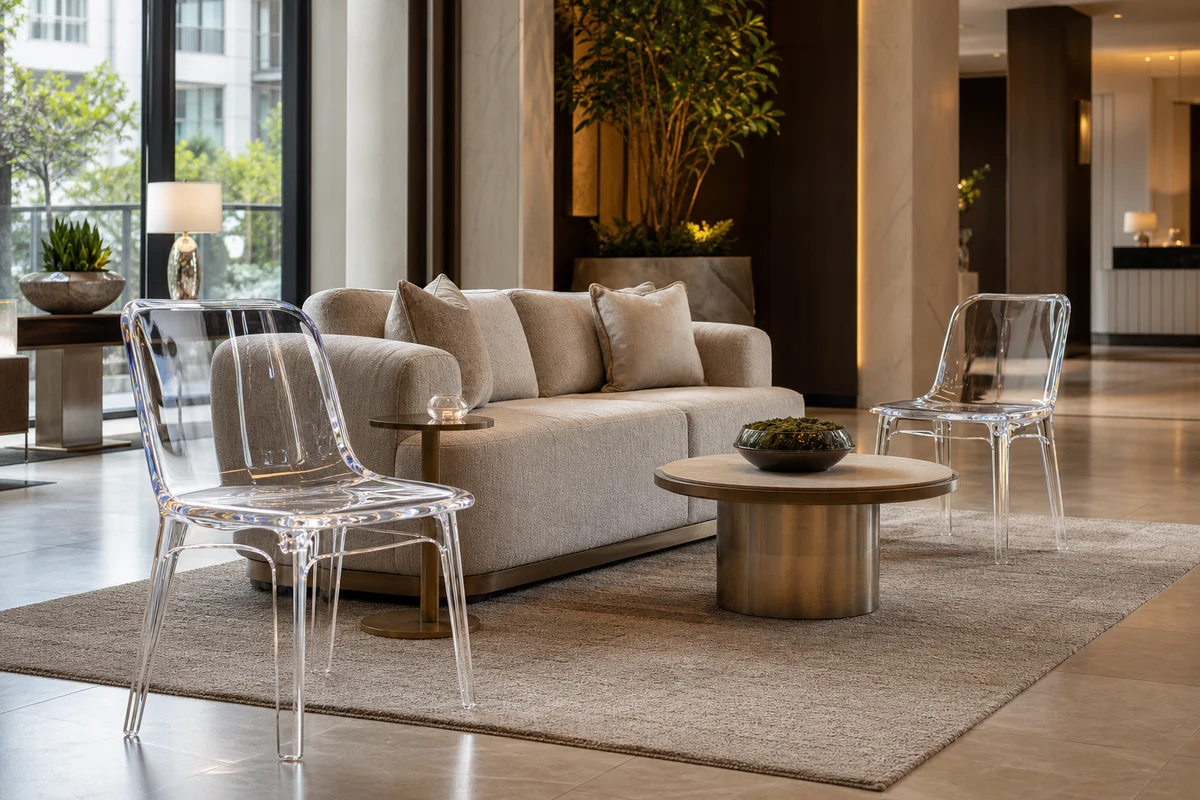 Clear cast acrylic side chairs in a boutique hotel lobby