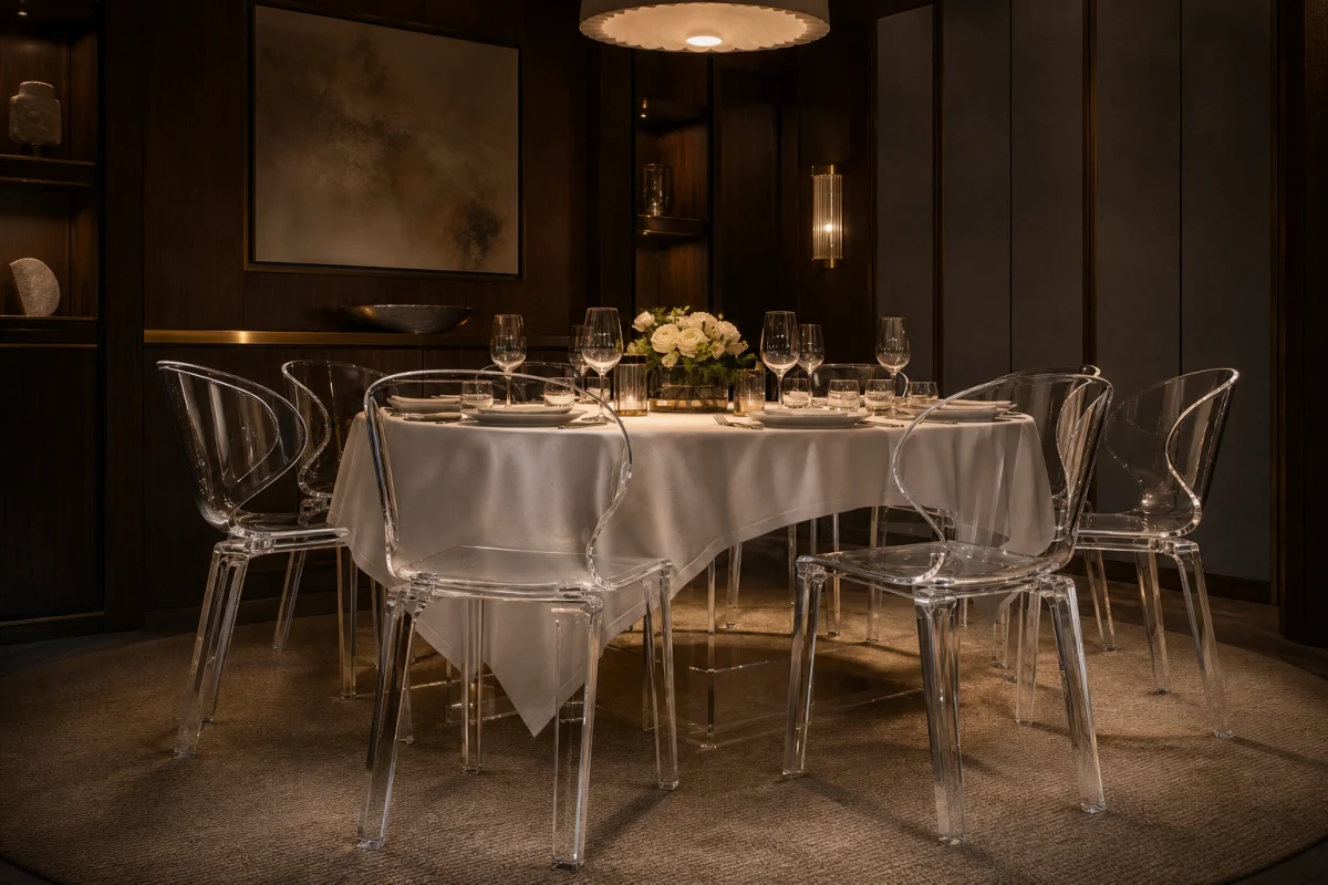 Clear cast acrylic dining chairs around a clear acrylic dining table in a fine-dining private dining room