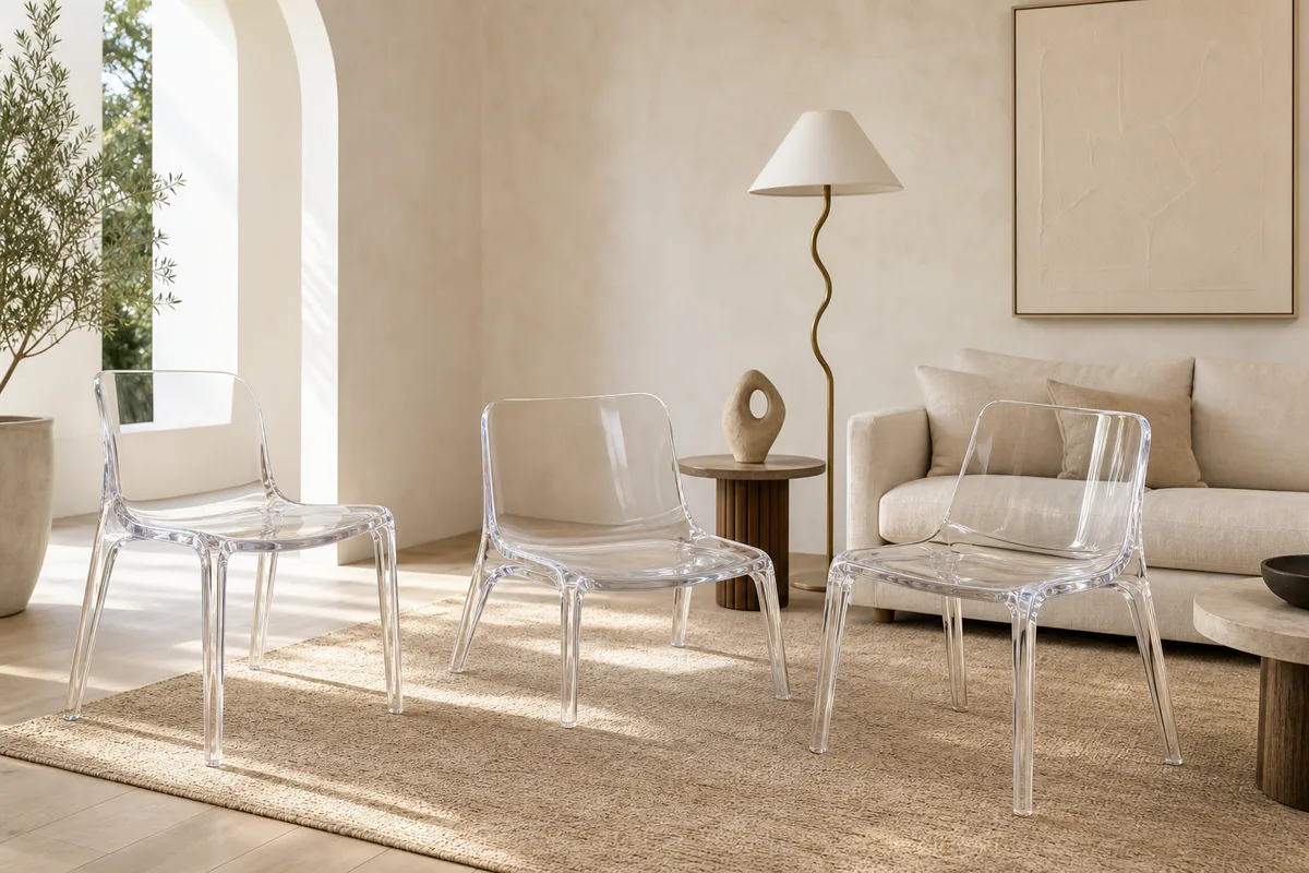 Coordinated set of clear cast acrylic furniture in a designer styled living zone