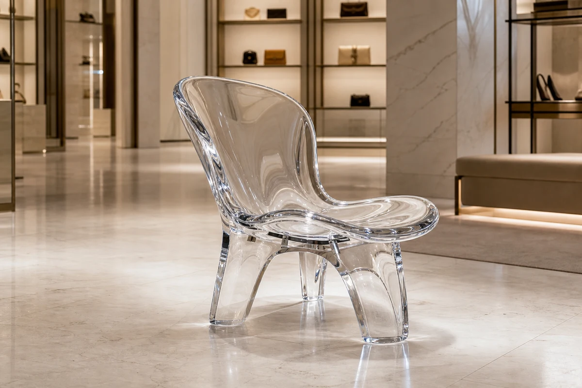 Clear cast acrylic side chair in a luxury retail flagship seating zone