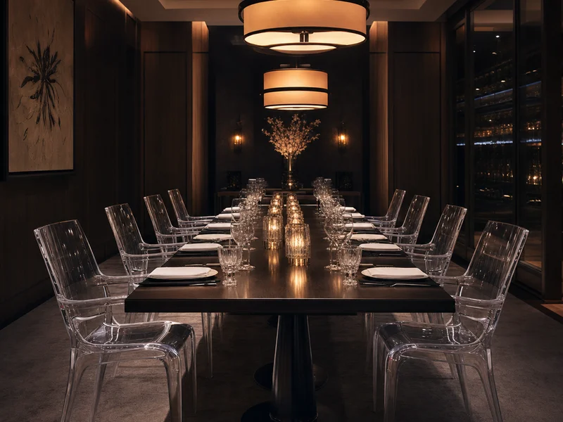 Fine-Dining Restaurant Chain — 96-Piece Dining Chair Rollout. 96 chairs across 12 locations · molded clear cast PMMA seat-and-back · 4-leg base on 72 pieces · X-base on 24 chef's-table chairs · subsurface laser-engraved chain mark on seat-back underside · batch color match enforced across 12-property rollout