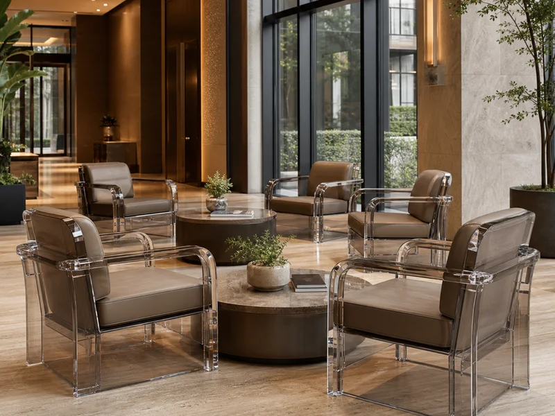 Boutique Hotel Group — Lobby Lounge Chairs With Upholstery. 24 lounge chairs across 8 properties · molded smoke-tinted cast PMMA · 38cm seat with deeper recline · bonded Velcro-removable cushion in hospitality-grade vinyl · 8-property batch color match · pearlescent armrest accents on 8 hero-property pieces