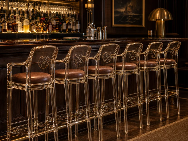 Private Members' Club — Library Bar Stools. 12 bar stools · 75cm seat height · molded bronze-tinted cast PMMA · low-back with bonded leather seat in club-house burgundy · subsurface engraved club mark on the back rest · custom Pantone match validated at sample with color chip