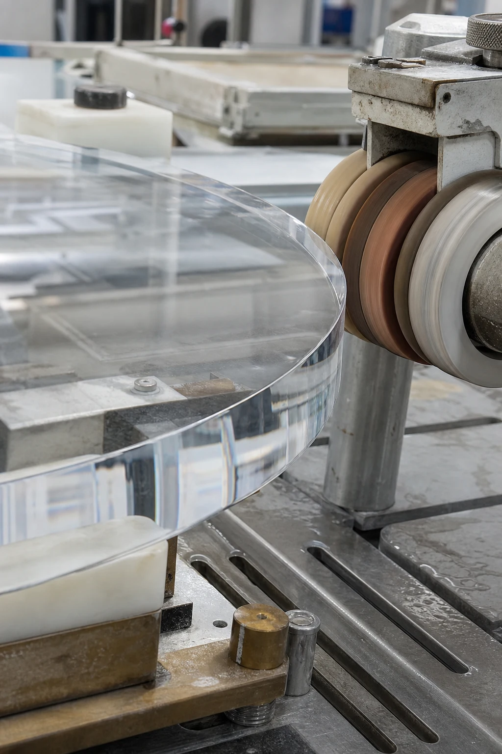 Wetop Acrylic workshop — diamond-polishing the 45° chamfered perimeter edge of a 25mm cast PMMA coffee-table top on a workshop bench