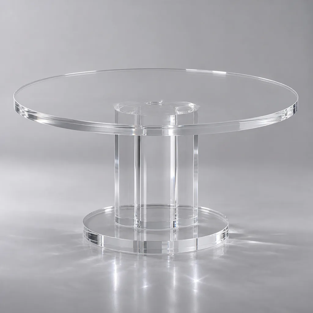 Clear cast acrylic coffee table top on a single sculptural pedestal base, photographed from a low side angle in a luxury hotel suite