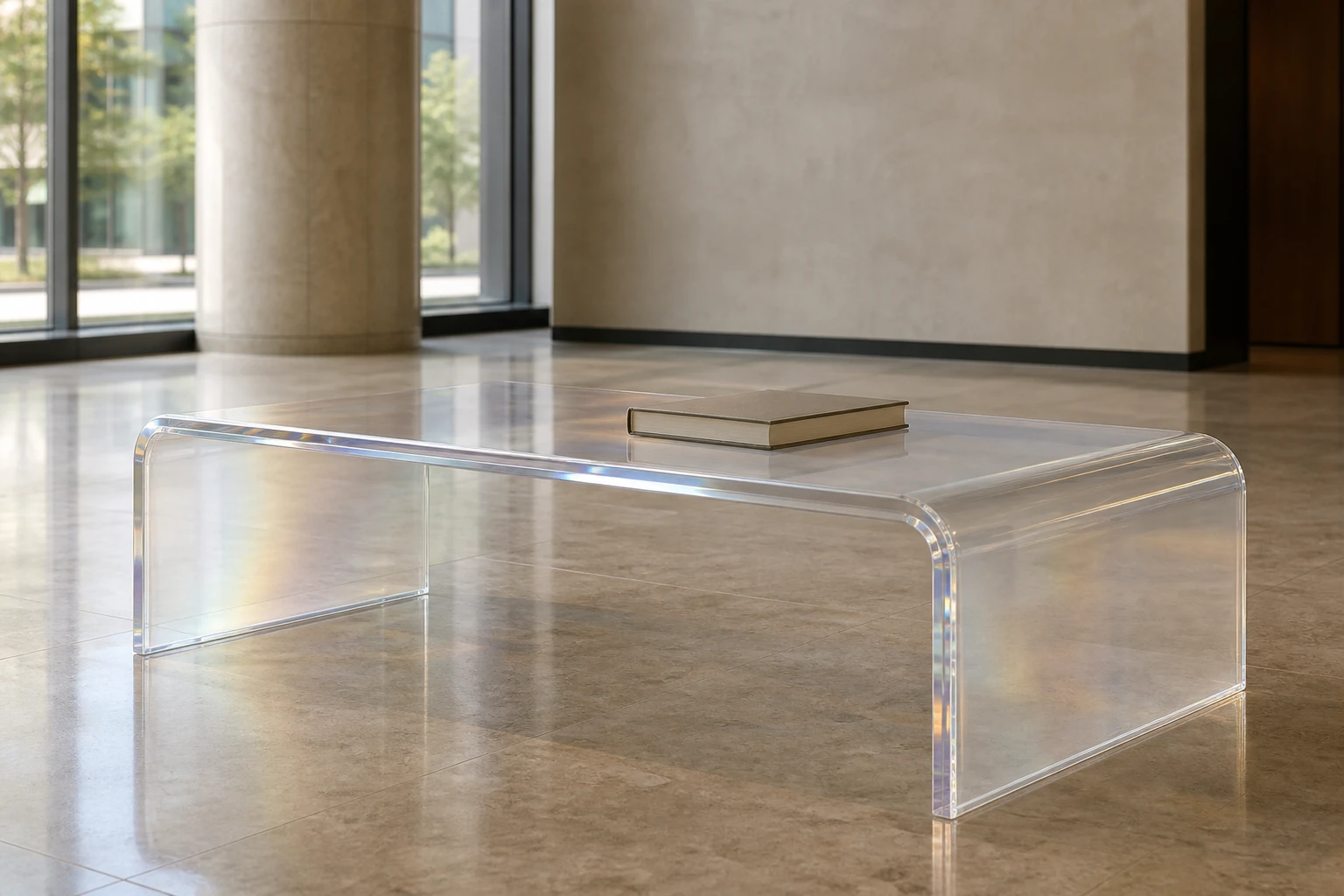 Clear cast acrylic waterfall-edge coffee table with one continuous slab folding down into the leg, polished mirror-clear edges