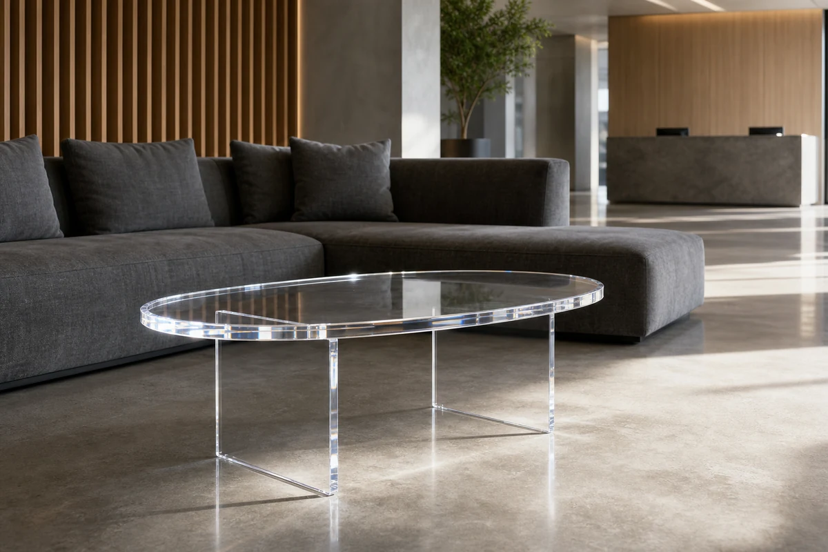 Clear cast acrylic coffee table and console in a corporate HQ lobby reception