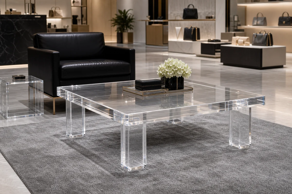Clear cast acrylic side tables and accent cube in a luxury retail showroom seating zone