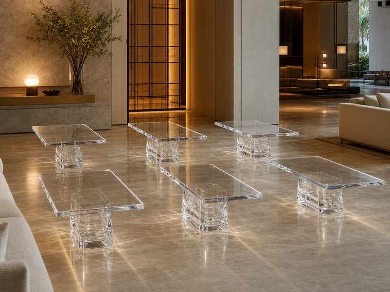 Boutique Hotel Group — 12-Piece Rectangular Coffee Table Rollout. 12 pieces across 6 properties · 25mm clear cast PMMA · 1.2m × 0.6m rectangular · 45° chamfered diamond-polished edge · single sculptural pedestal · subsurface laser-engraved property mark on the top · 6-property batch color match documented at QC