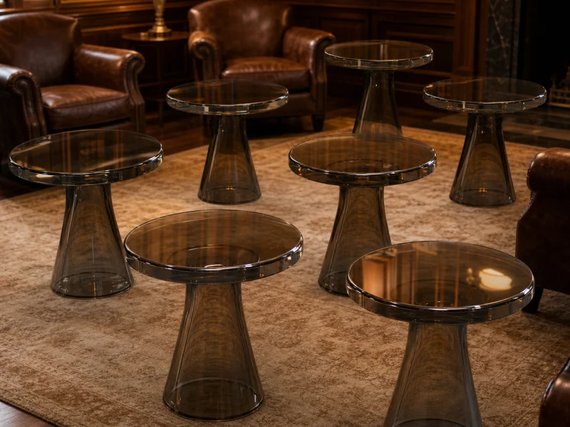 Private Members' Club — Round Pedestal Library Tables. 8 pieces · 25mm smoke-tinted cast PMMA · 80cm Ø round · bull-nose diamond-polished edge · single sculptural acrylic pedestal tapered 20% · subsurface engraved club mark · custom Pantone match validated at sample with color chip