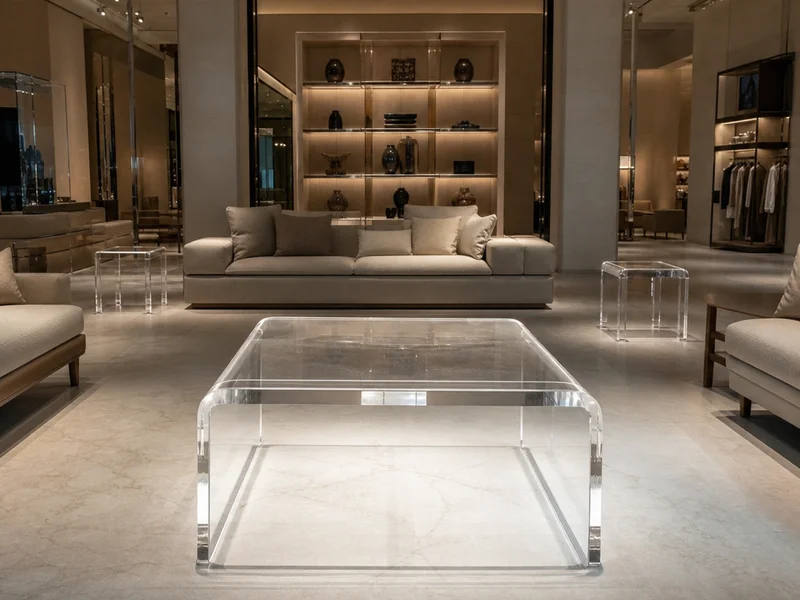 Luxury Retail Flagship — Waterfall Continuous-Wrap Centerpiece. 1 centerpiece + 4 satellite lounge tables · 30mm clear cast PMMA waterfall slab on centerpiece · 4-leg satellite design with chamfered edge · diamond polish across all 5 pieces · clear-with-bronze-accent gradient · single-piece CNC on the waterfall centerpiece