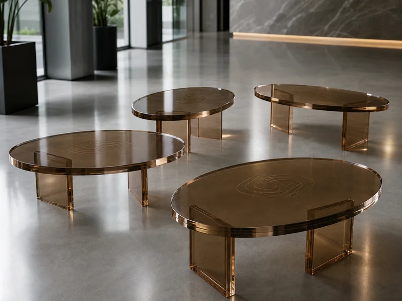 Corporate HQ Lobby — Oval Trestle Coffee Tables. 4 pieces · 30mm bronze-tinted cast PMMA · 1.2m × 0.7m oval boat-shape · two-leg trestle base · bevelled diamond-polished edge · subsurface laser-engraved corporate mark · Pantone-matched bronze tint validated at sample
