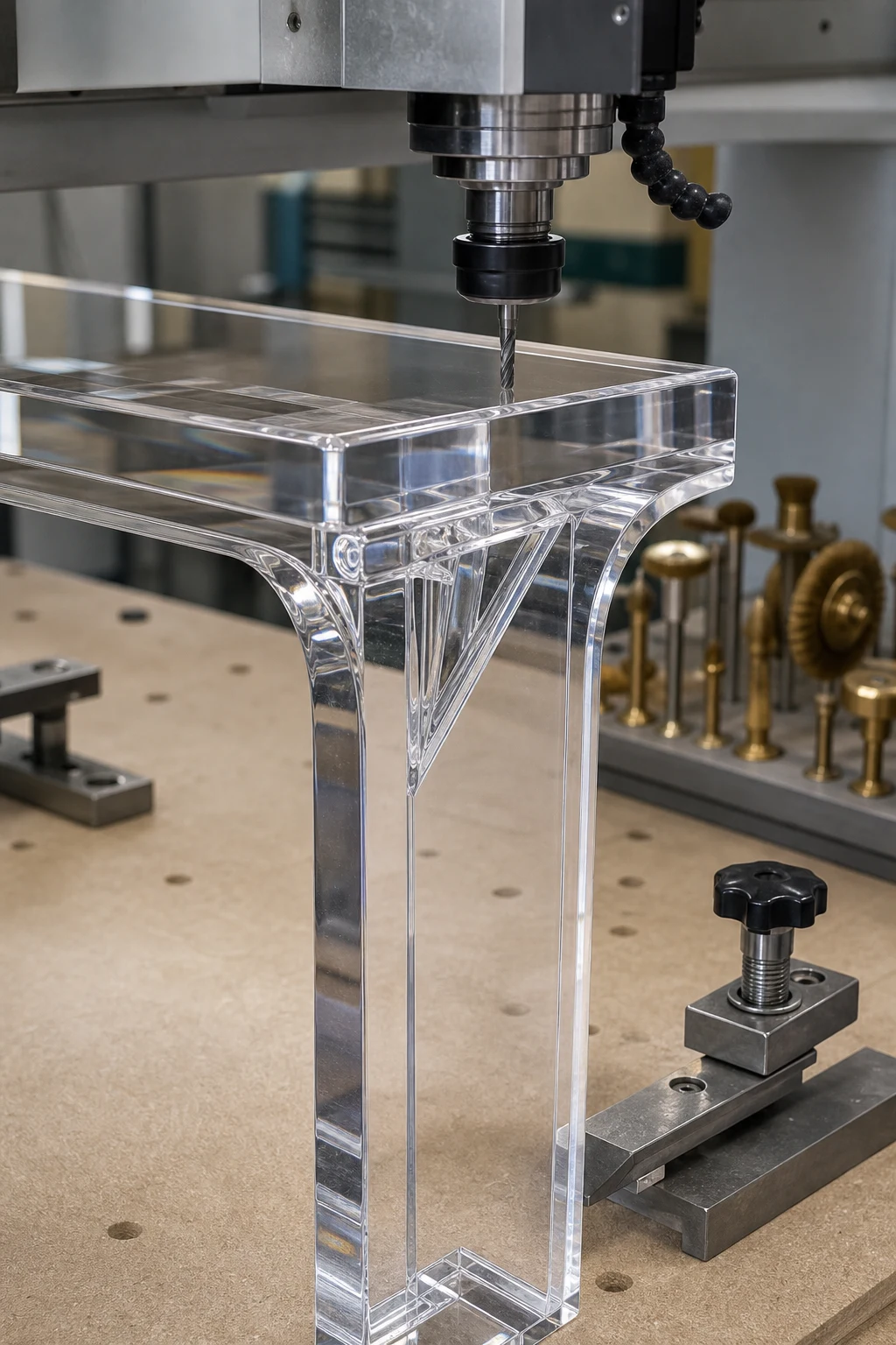 Wetop Acrylic factory — CNC machining the leg-to-top junction of a cast PMMA console table top, where the optical-clear UV-cure adhesive joint and hidden internal acrylic gusset will go